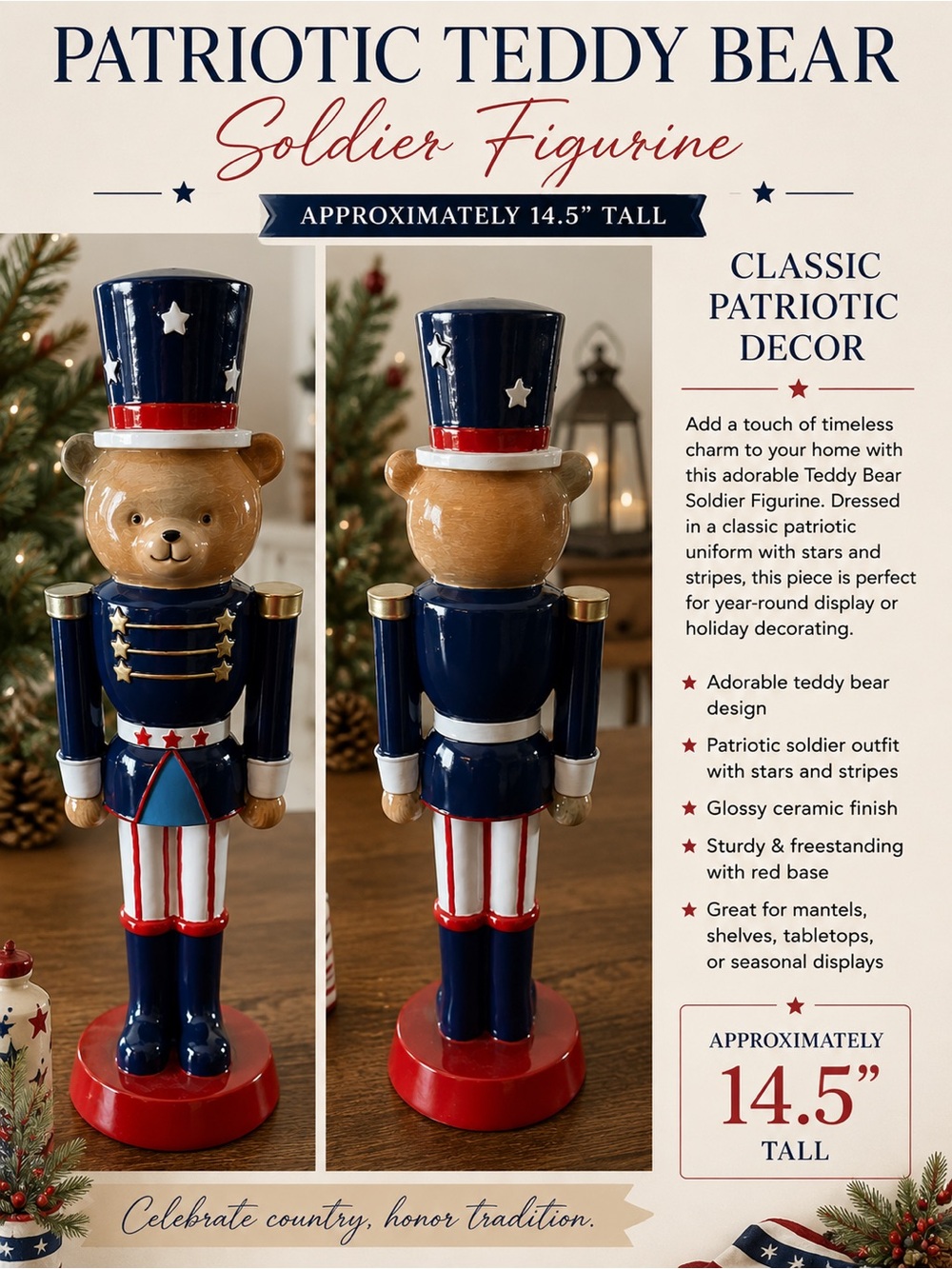 Patriotic Teddy Bear Soldier Figurine – New with Tags (Ross) 🇺🇸